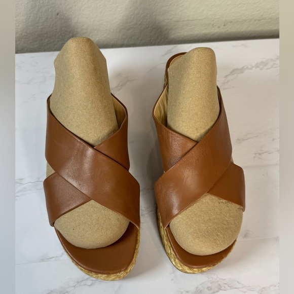 Platform Wedge Nappa Leather Upper Crisscross‎ Raffia Heel Cognac Size 8.5 - Picture 3 of 11